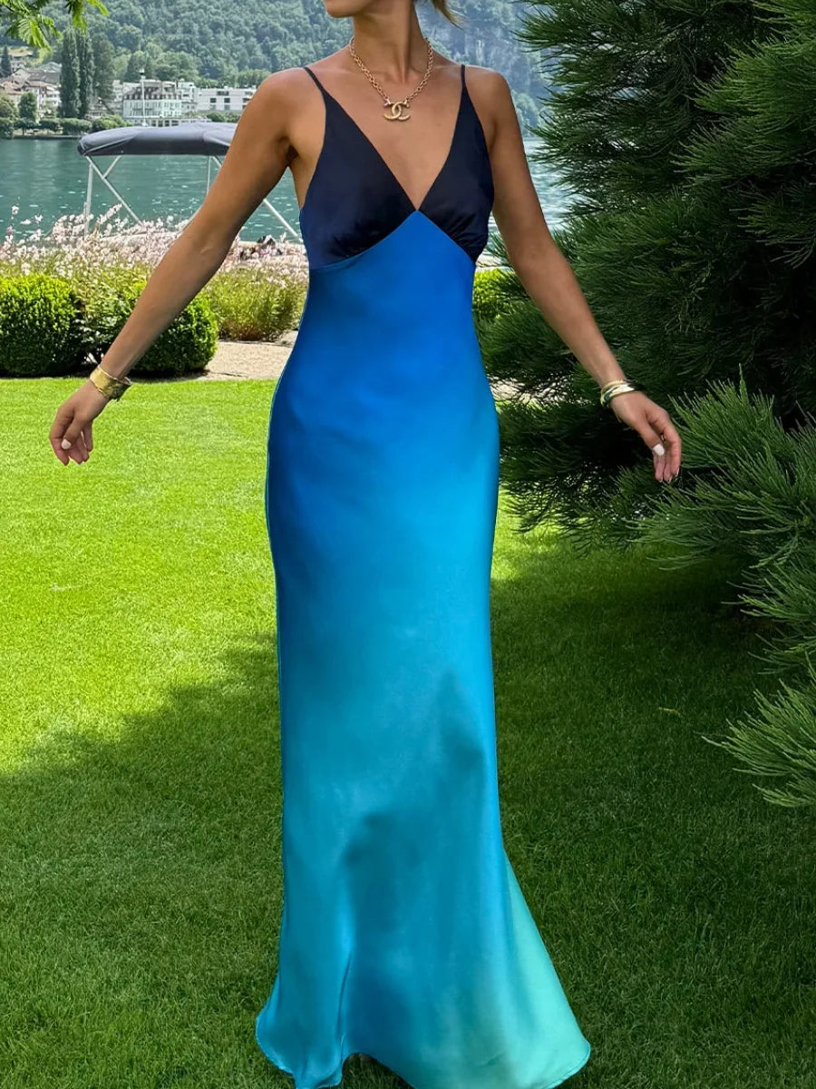 Ombre Satin Sheath Maxi Dress | Spaghetti Strap Party Glow