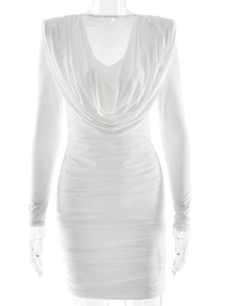 Long Sleeve Deep Neck Draped Ruched Mini Dress