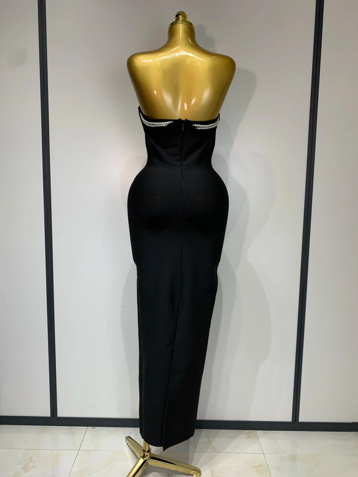 Black Backless Strapless Beading Long Bodycon Dress