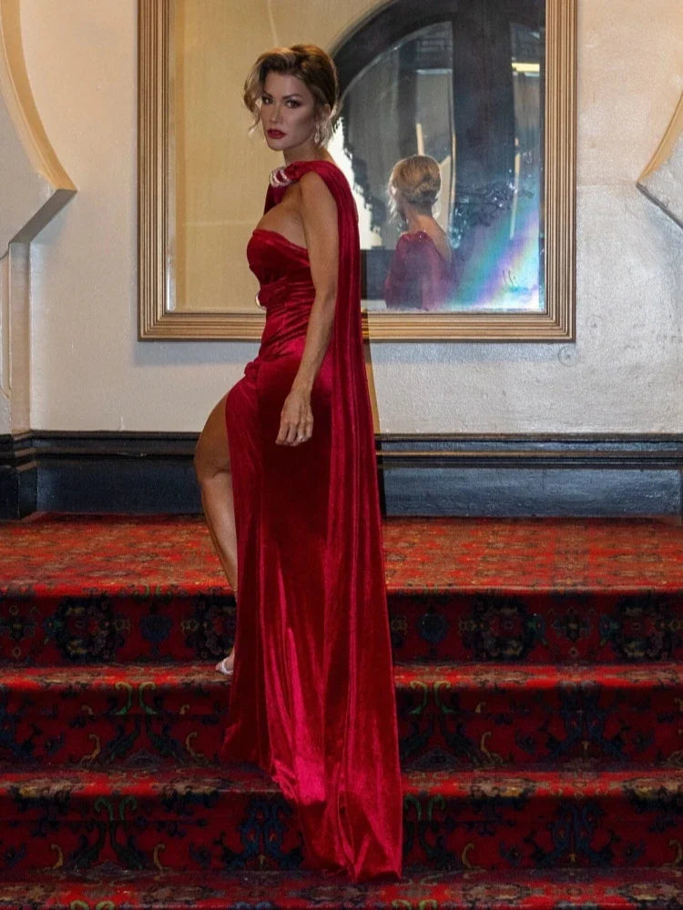 Red Velvet One-Shoulder Draped Gown with High Split