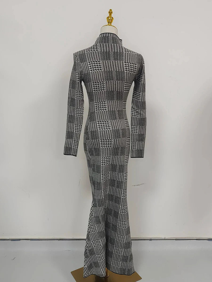 Plaid High-Neck Long Sleeve Sheath Maxi Dress