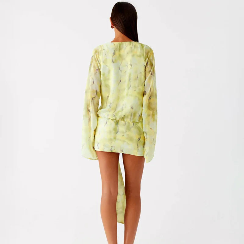 Mesh Deep Cowl Neck Long Sleeve Mini Dress