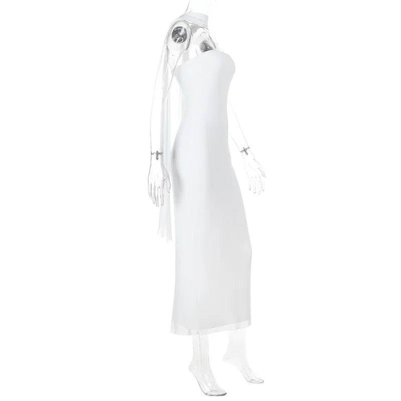 White Mesh Strapless Bodycon Dress | Elegant Floor-Length Gown with Neck Scarf