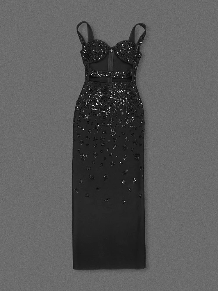 Black Embellished Cut-Out Sculpted Evening Gown
