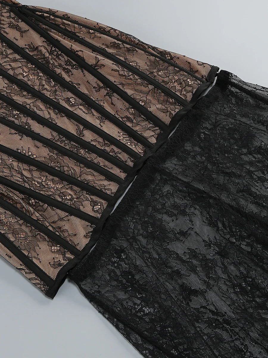 Lace Corset Mesh Maxi Dress with Detachable Hem