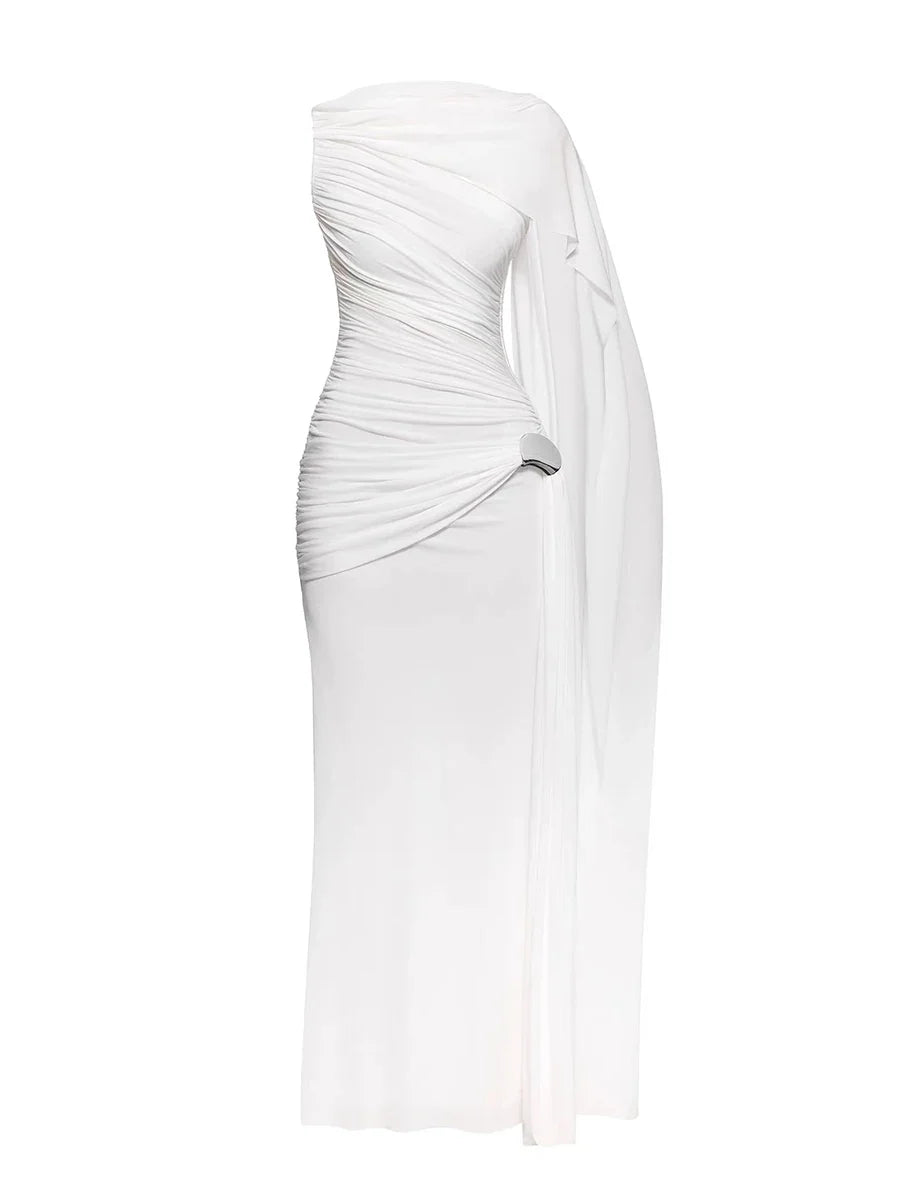 Formal pleated dress designed with an asymmetric silhouette 