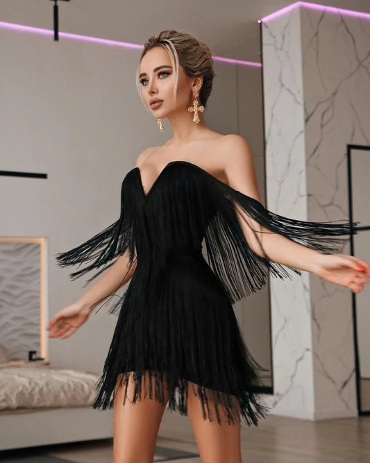 Off-Shoulder Strapless Tassel Mini Dress
