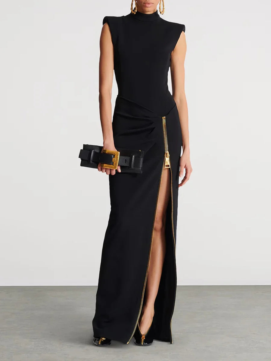 Black Stand Neck Gold Zipper Details High Slit Maxi Dress