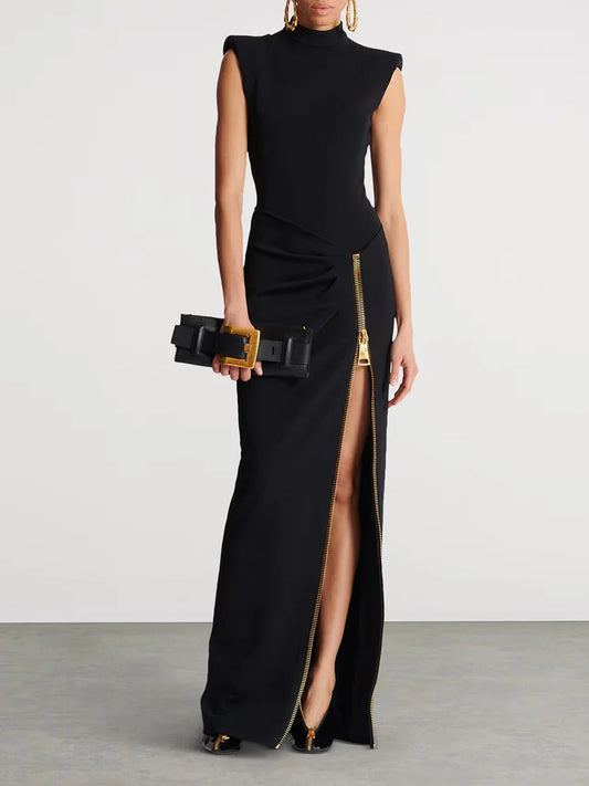 Black Stand Neck Gold Zipper Details High Slit Maxi Dress