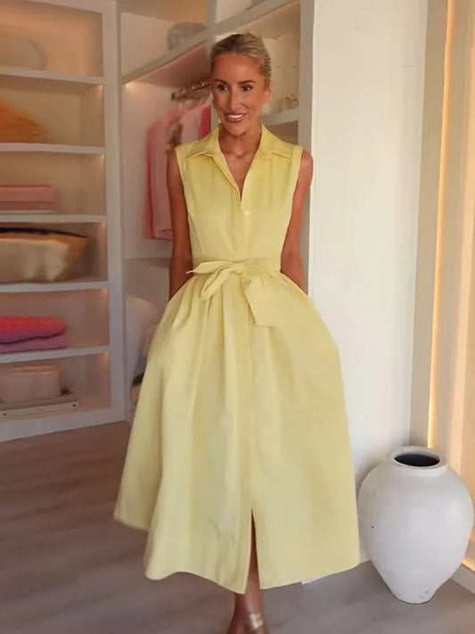 Button Up Collar Pockets Sleeveless Maxi Dress