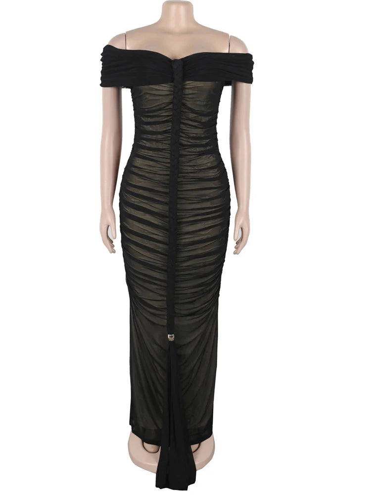 Luxe Goddess Ruched Mesh Maxi Dress - Off Shoulder Vacation Gown