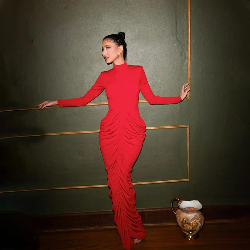 Turtleneck Ruched Long Sleeve Maxi Dress