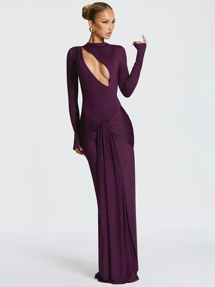 Draped Cut-Out Long Sleeve Evening Maxi Dress