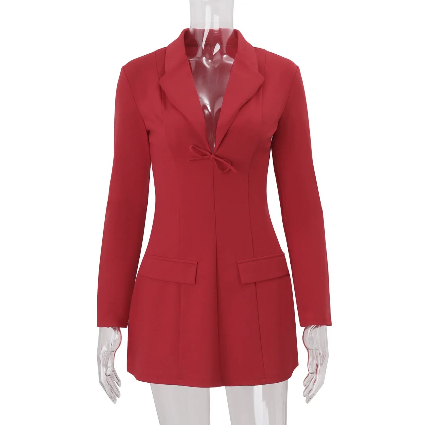 Deep V-Neck Mini Blazer Dress with Bow Detail