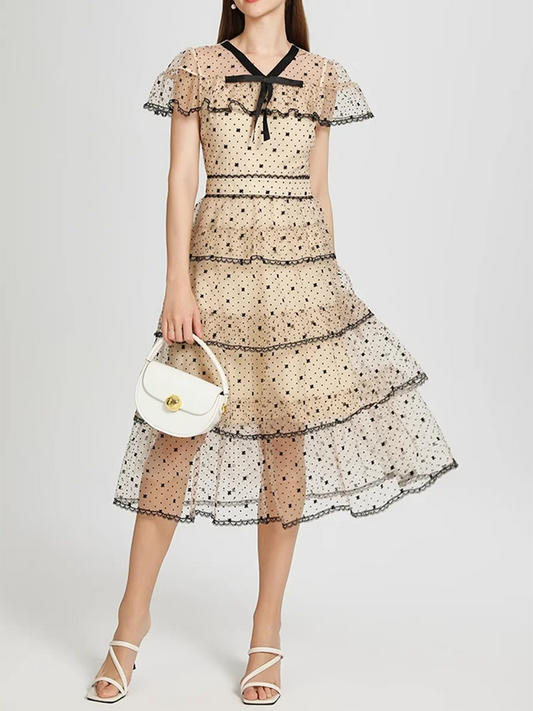 Apricot Sheer Spliced A-Line Midi Dress