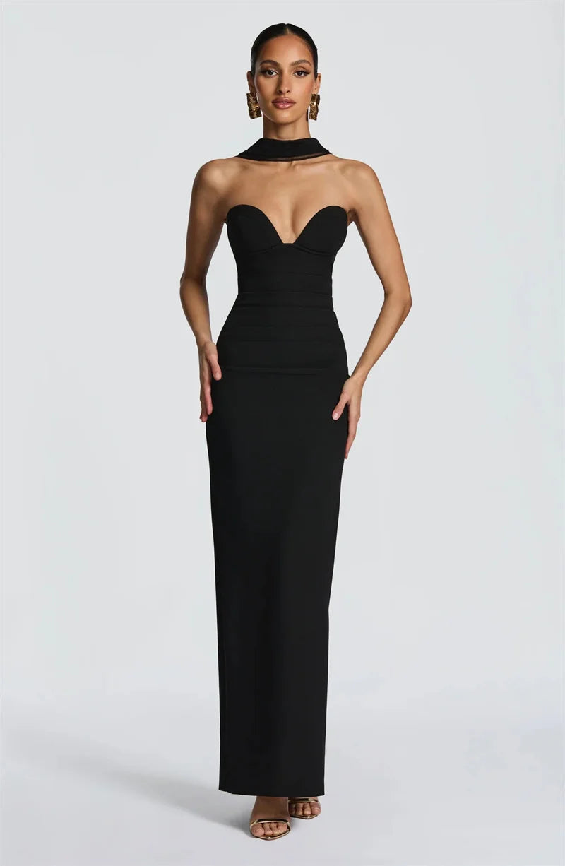 Black Strapless Off-Shoulder Maxi Gown – Elegant Backless Dress