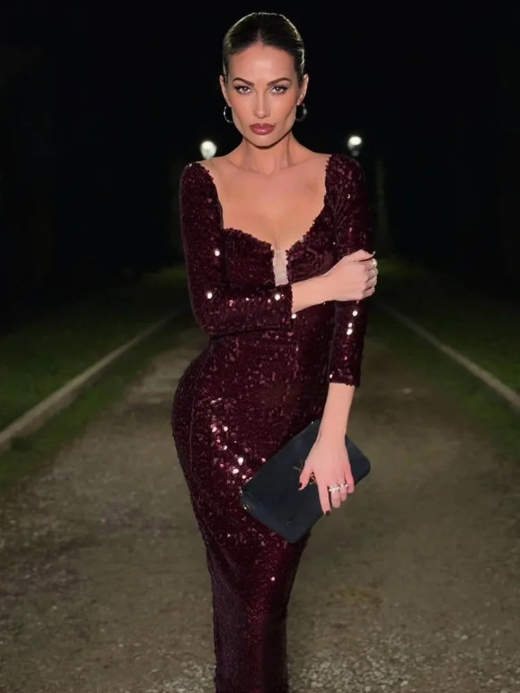 Burgundy Off Shoulder Mesh Sequin Maxi Gown