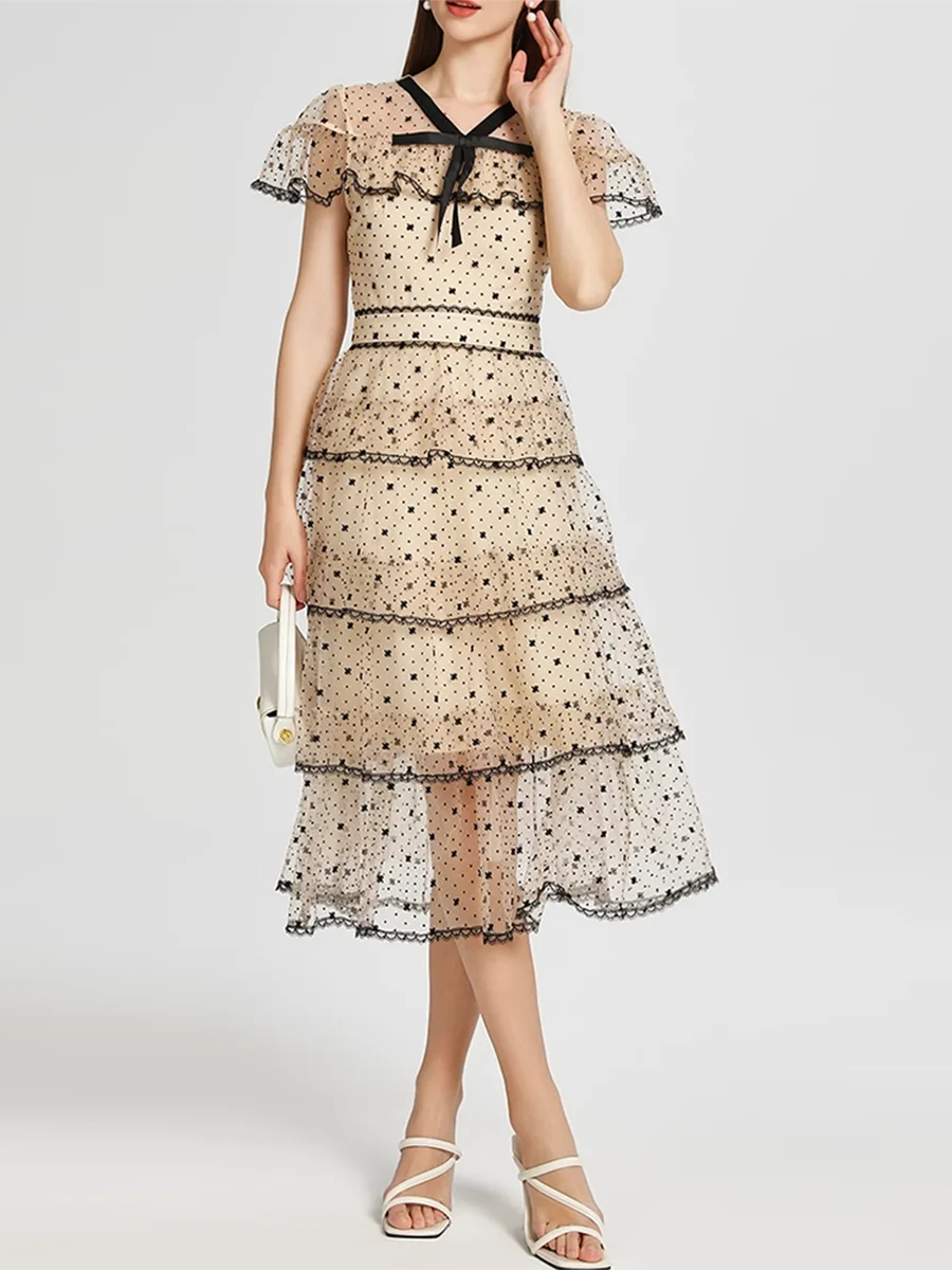 Apricot Sheer Spliced A-Line Midi Dress