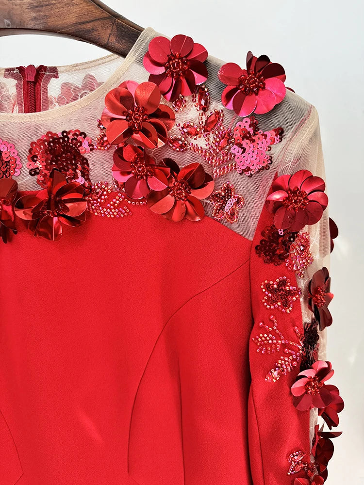 Red O Neck Flower Beaded Gown | Sequin Mesh Long Sleeve Party Dress