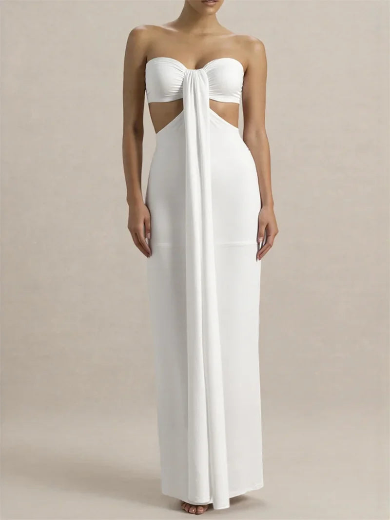 White Strapless Cut-Out Gown | Chic Ankle-Length Occasion Dress