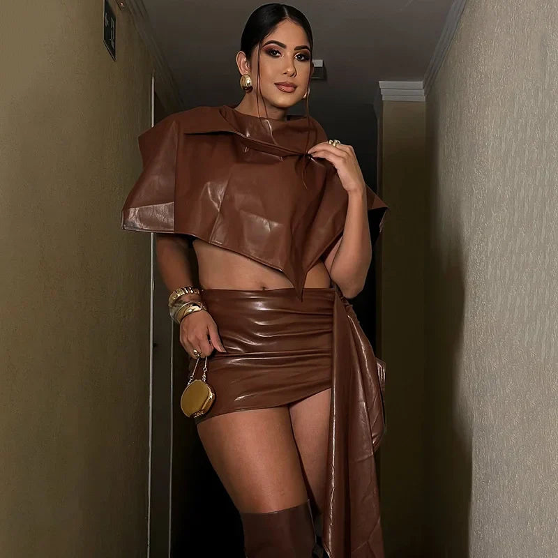 Brown Ruched 2-Piece Mini Dress Set | Modern Party Edit