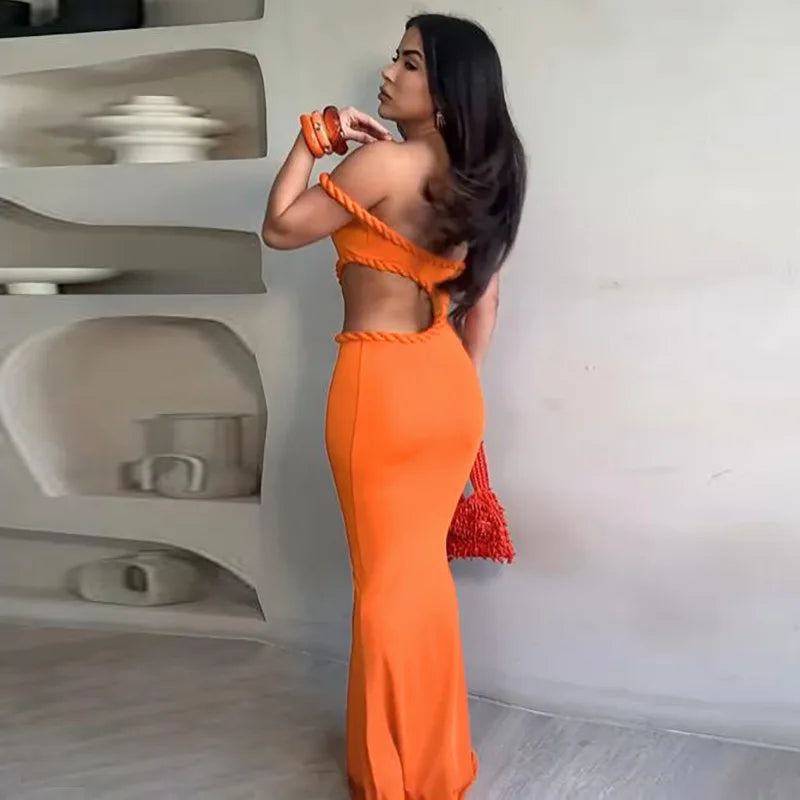 Off-Shoulder Orange Maxi Dress | Sleek Cut-Out Evening Look