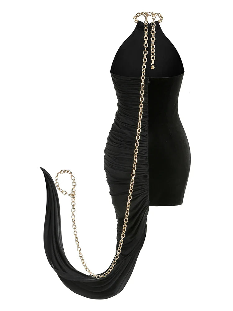 Black Chain Halter Velvet Dress with Pleated Fold Detail