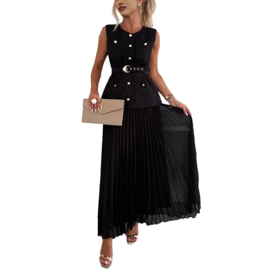 Elegant Tweed Jacket & Chiffon Maxi Skirt Two-Piece Set for Women