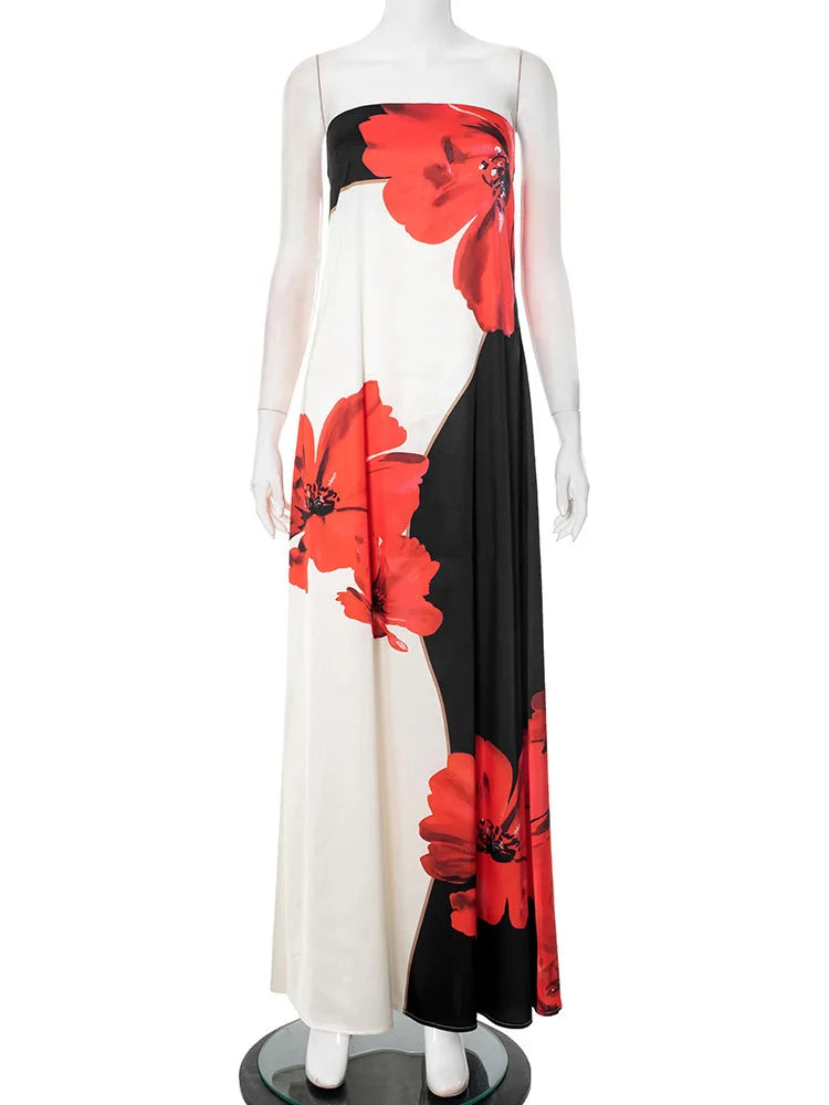 Strapless Flower Print Maxi Dress