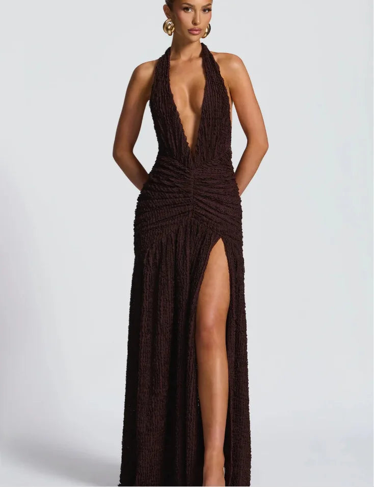 Textured Pleated Deep Halter Neck Maxi Dress