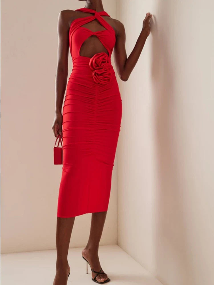 Red Cut-Out Bodycon Midi Dress with Ruched Flower Detail