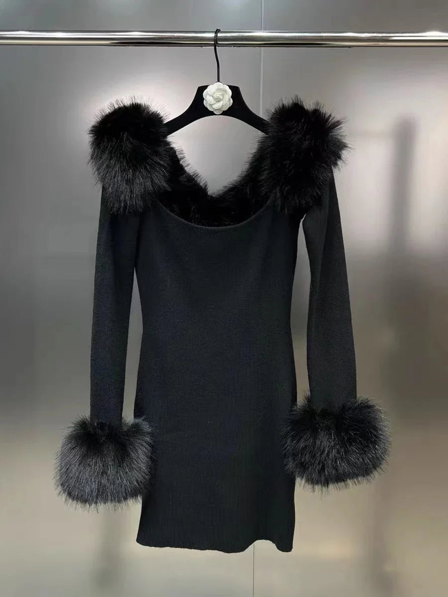 Black Off-Shoulder Fur Trim Mini Dress
