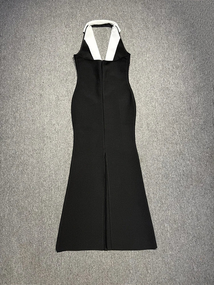 Black Contrast V Neck Button Bandage Maxi Dress