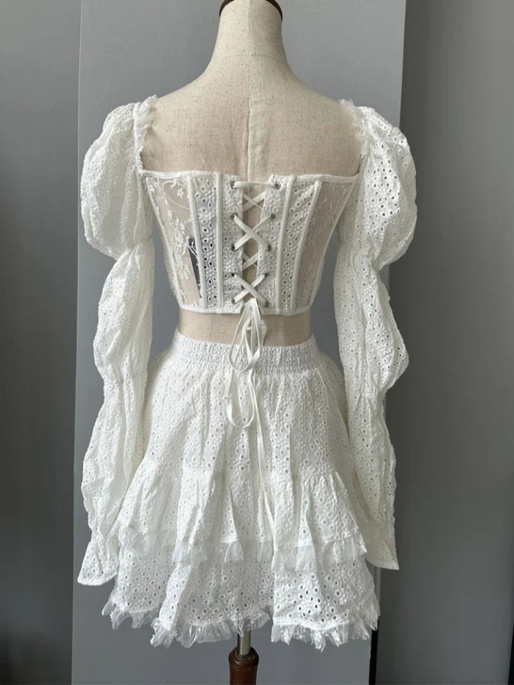 Lace-Up Crop Top & A-Line Mini Skirt Set – Square Neck Party Co-ord for Women