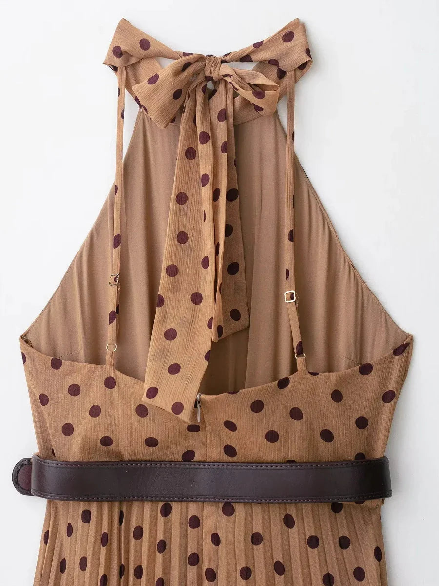Brown Polka Dot Pleated Halter Dress | Belted Autumn Midi
