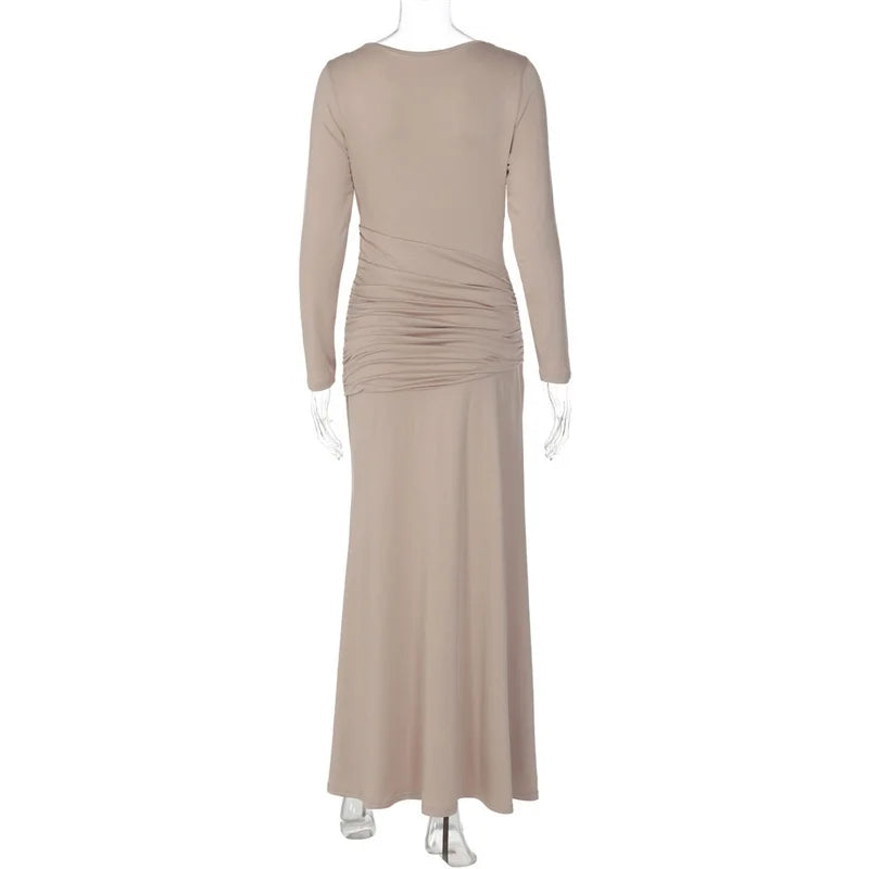 Light Blue Ruched Long Sleeve Maxi Dress – Elegant Autumn Club Gown