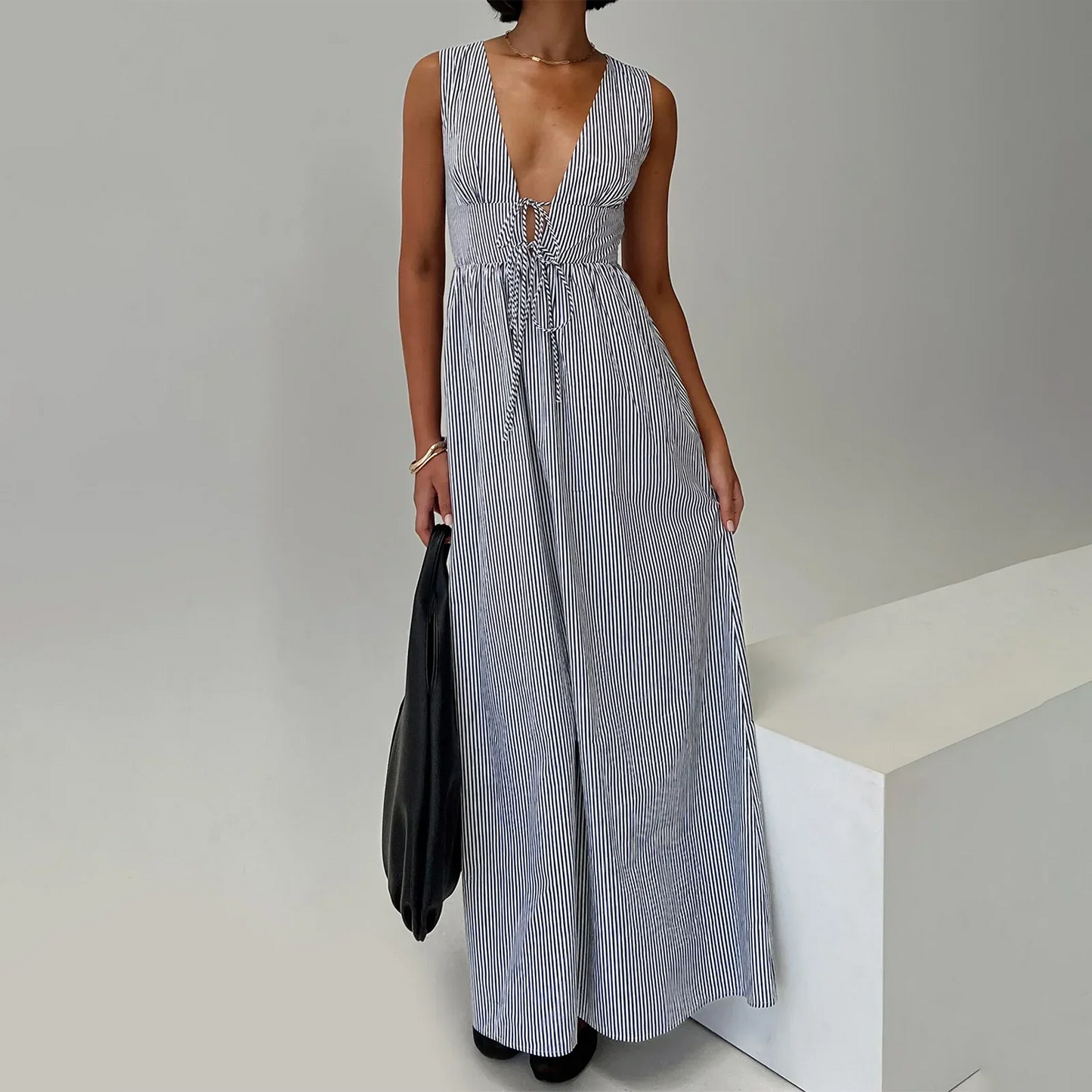 Summer Stripe/Plaid Mini Tank Dress with Tie-up V-Neck