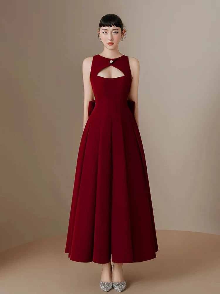 Burgundy Bow Backless Hollow Out A-Line Dress | O Neck Evening Gown