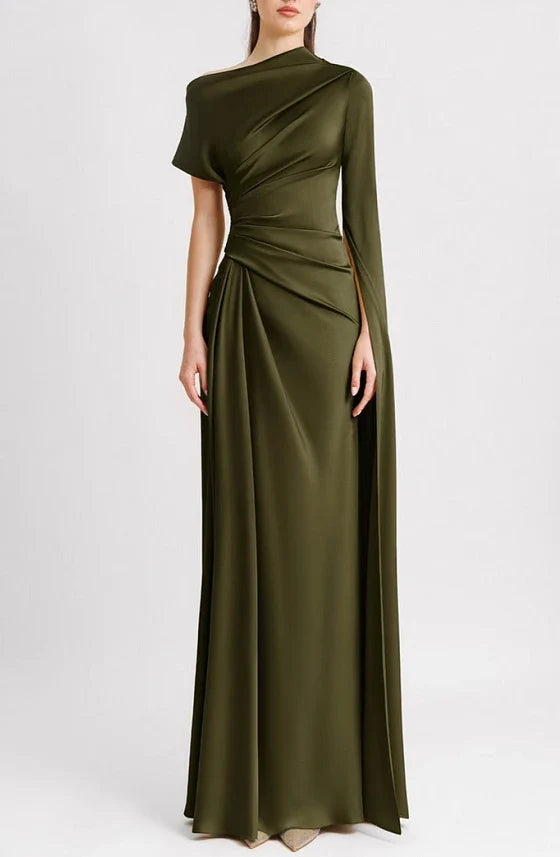 Olive green evening gown on a white background