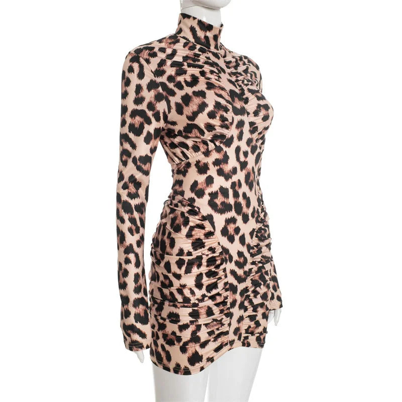 Leopard Print Ruched Mini Dress | Backless Turtleneck Trend
