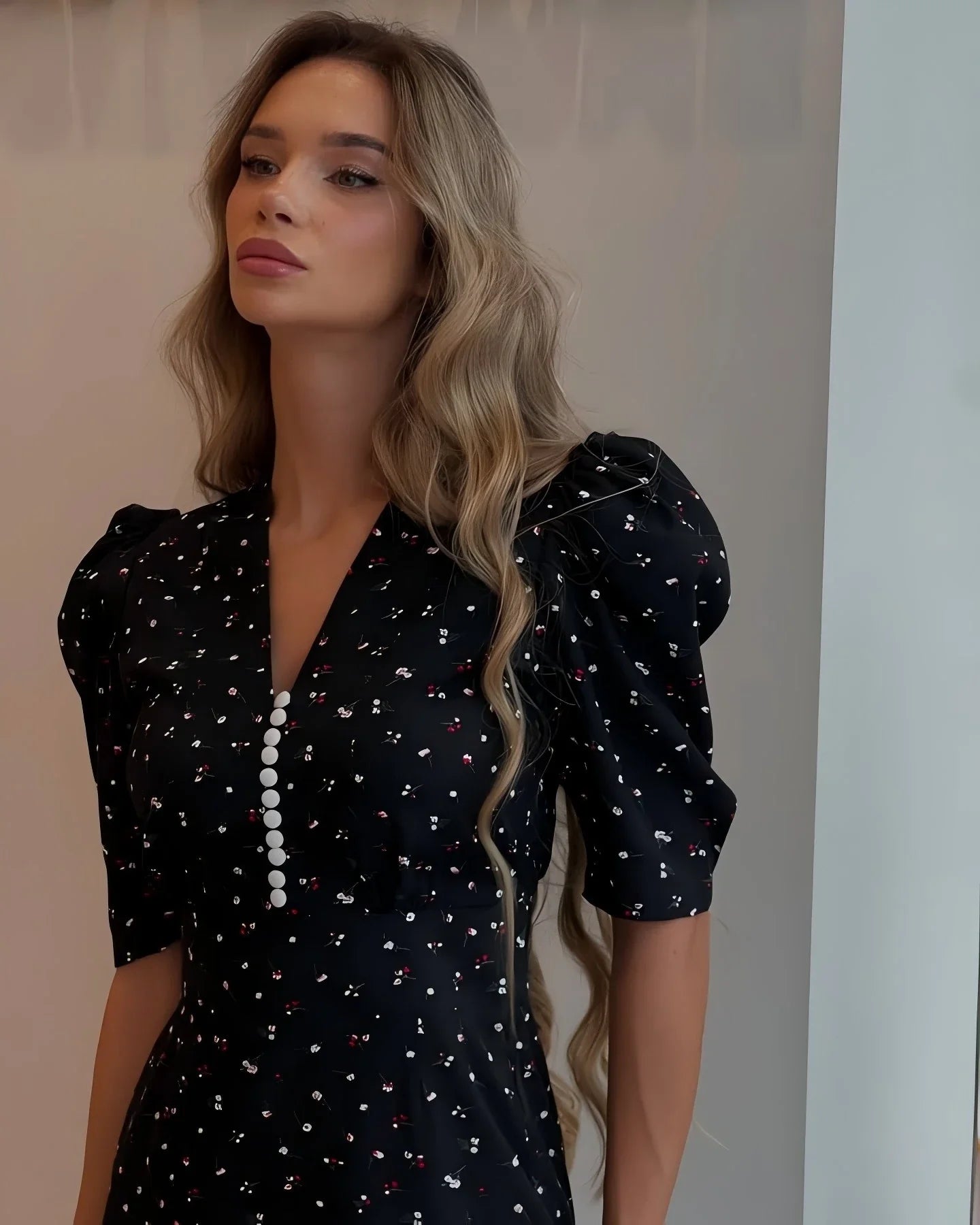 Half-Sleeve Polka Dot Midi Dress