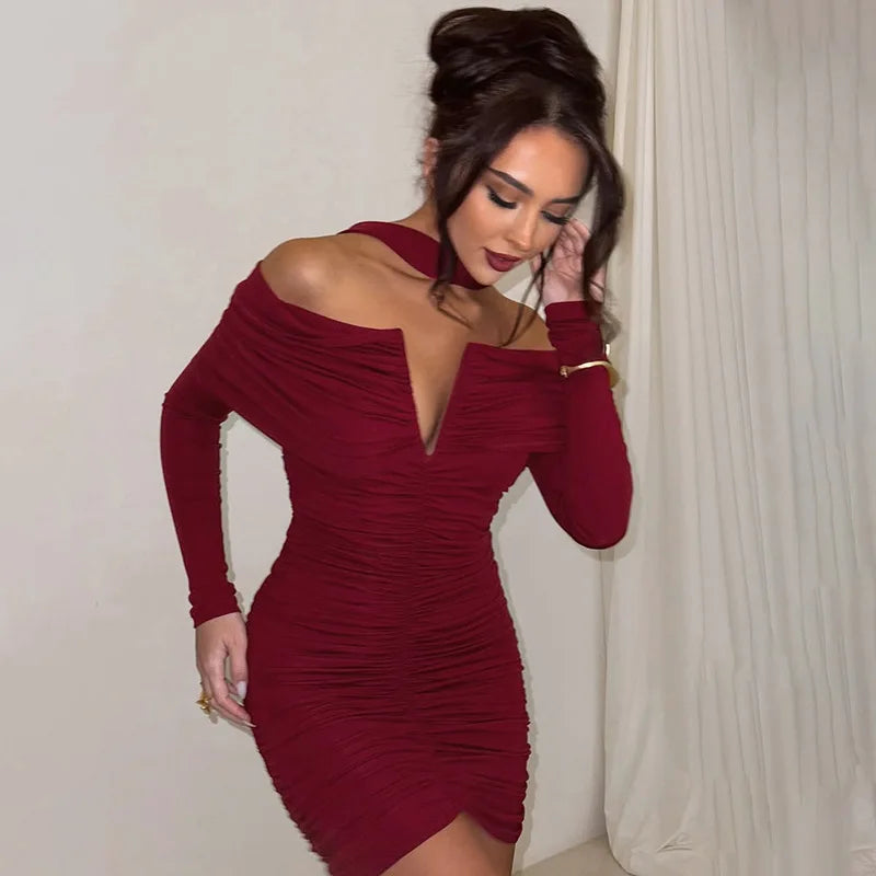 Red Off-shoulder Ruched Long Sleeve Mini Dress With Scarf