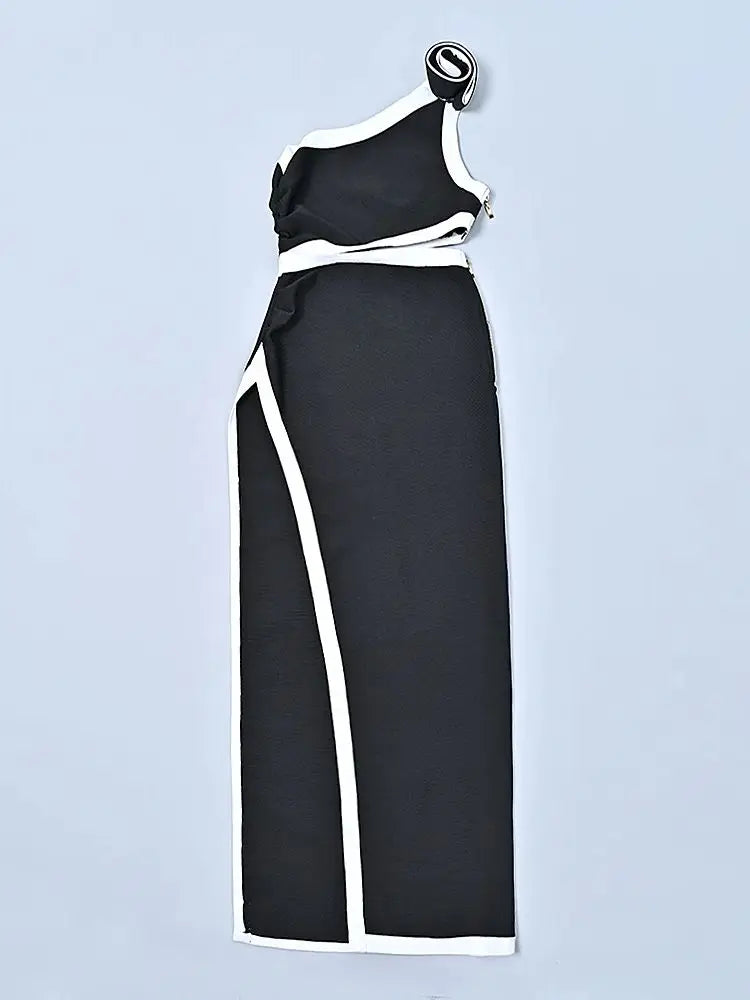 Black Contrast Asymmetrical Maxi Dress | High Split Column Gown
