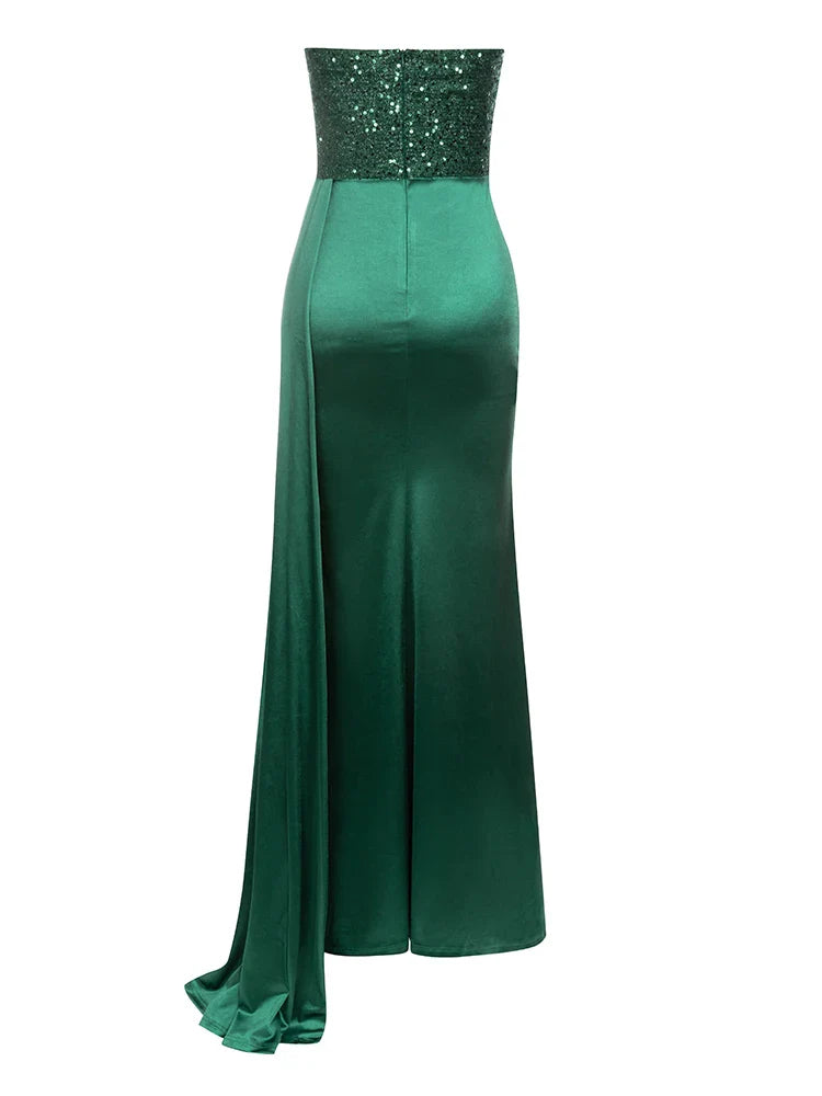 Green Black Strapless Sequin Maxi Dress | Draped Slim Gown
