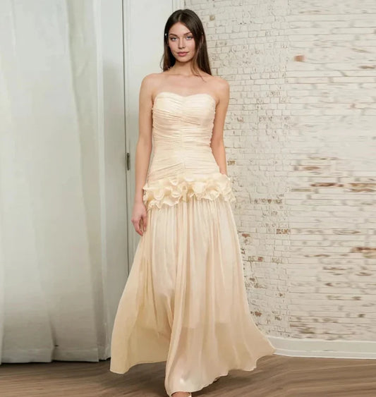 Pleated Flower Ruffles Tube Long Dress