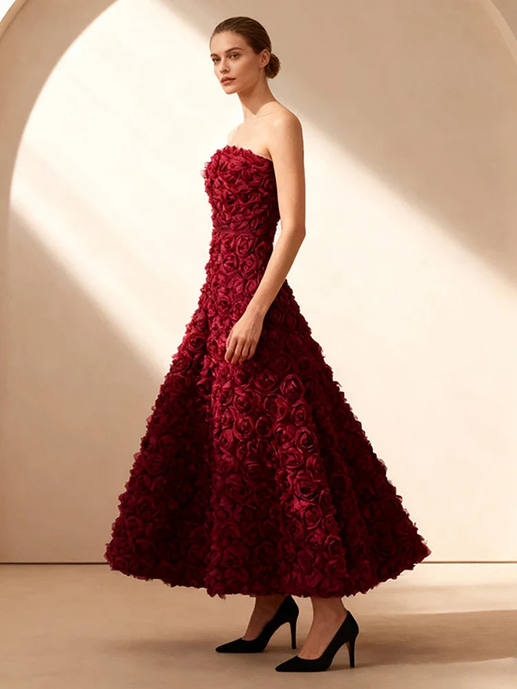 Burgundy Strapless 3D Floral A-Line Long Dress
