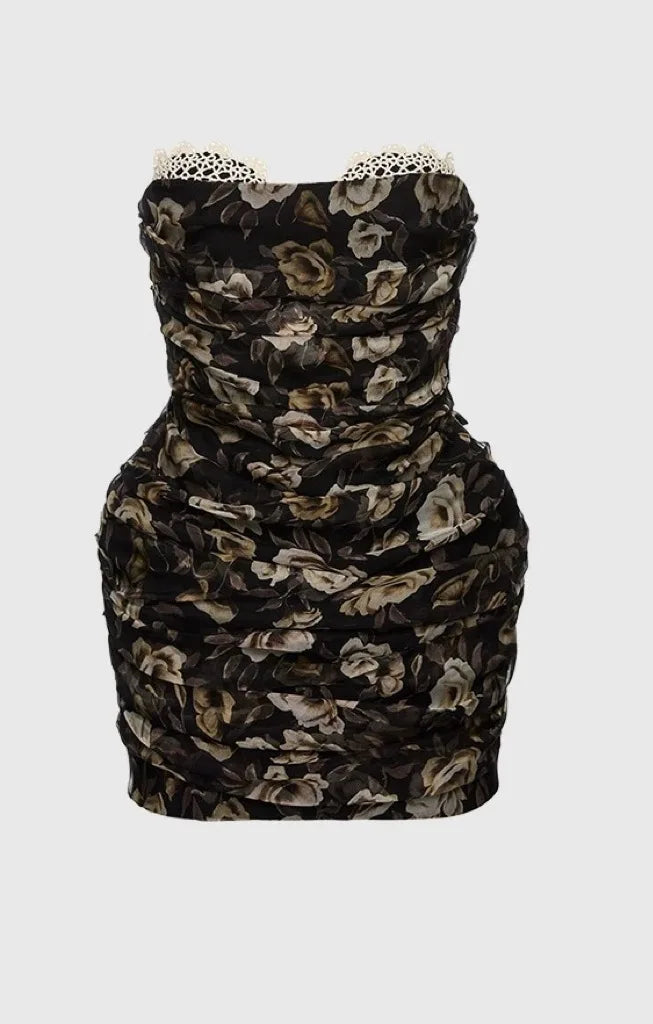 Black & Apricot Floral Print Strapless Mini Dress