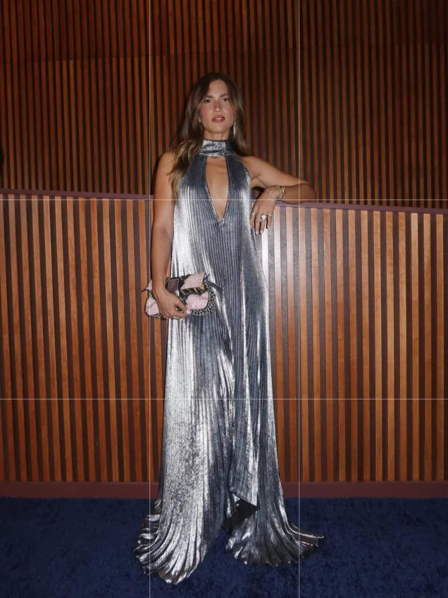 Metallic Pleated Halter Maxi Dress