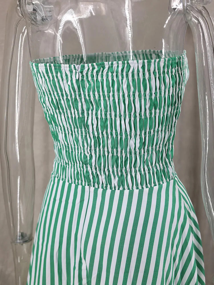 Green Striped Off-Shoulder Maxi Dress - Beach Holiday Style