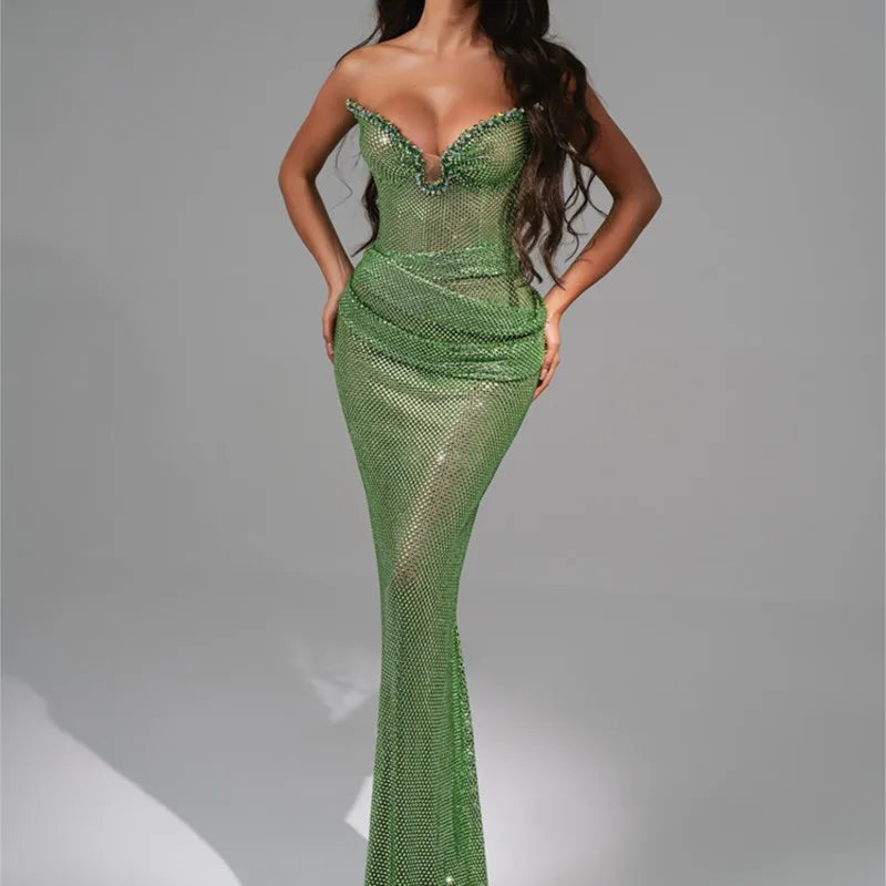 Sequin Green Strapless Mermaid Gown with Sculpted Waist